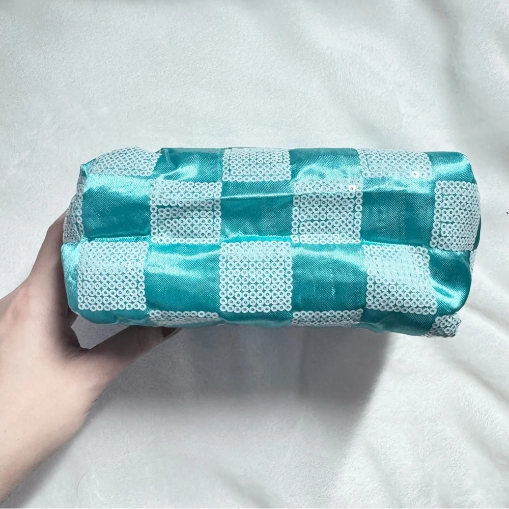 Blue Green Teal Aqua Checkered Sequin Pouch Makeup Bag - New